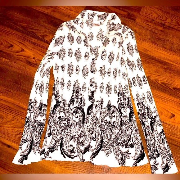 Fred David Shirt Luxury Top Stretch Black White Blouse Large fitted top spandex - Picture 10 of 17